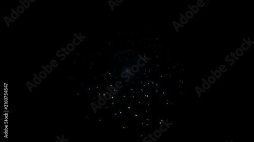 A delicate constellation of glowing blue and green particles forms a diffuse spherical shape against a deep black background, symbolizing data flow.