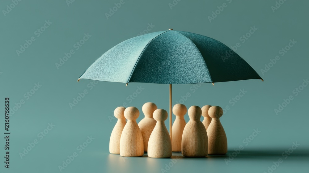 Naklejka premium Group of wooden figurines protected under a single large umbrella on a blue background symbolizing safety security and teamwork concept of protection and unity