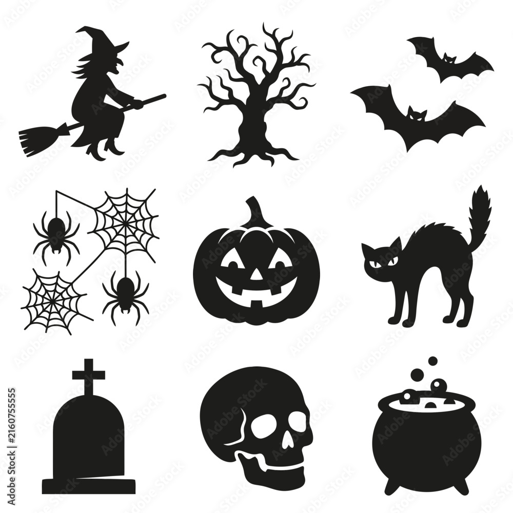 Fototapeta premium Black silhouette halloween icons set featuring witch bats spiders pumpkin and more