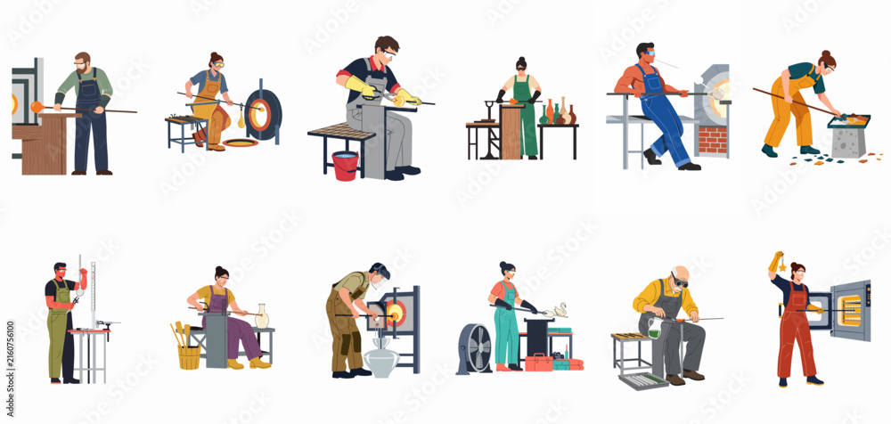 Fototapeta premium Set of Flat Vector Illustrations Featuring Male and Female Artisans Working in a Glassblowing Studio, Crafting and Shaping Molten Glass.