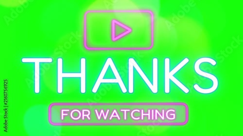 Thanks for watching text animation with a play icon and bokeh lights set against a bright green screen background perfect for ending video clips and creator channels.