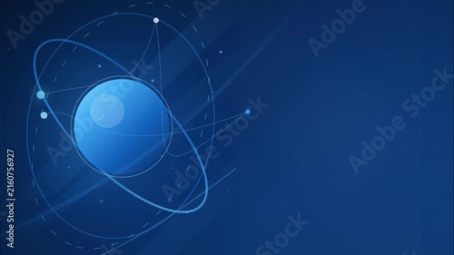 A vibrant blue sphere with orbiting lines forms an atom-like structure against a dark blue grid, symbolizing technology and science.