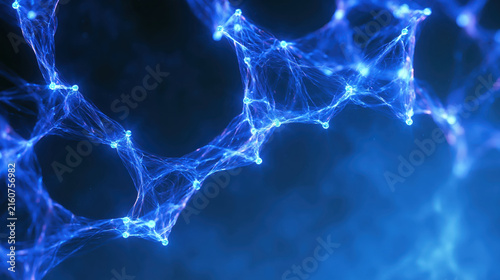 Luminous blue quantum network with glowing nodes and coherent light pathways in dark space for technology concept