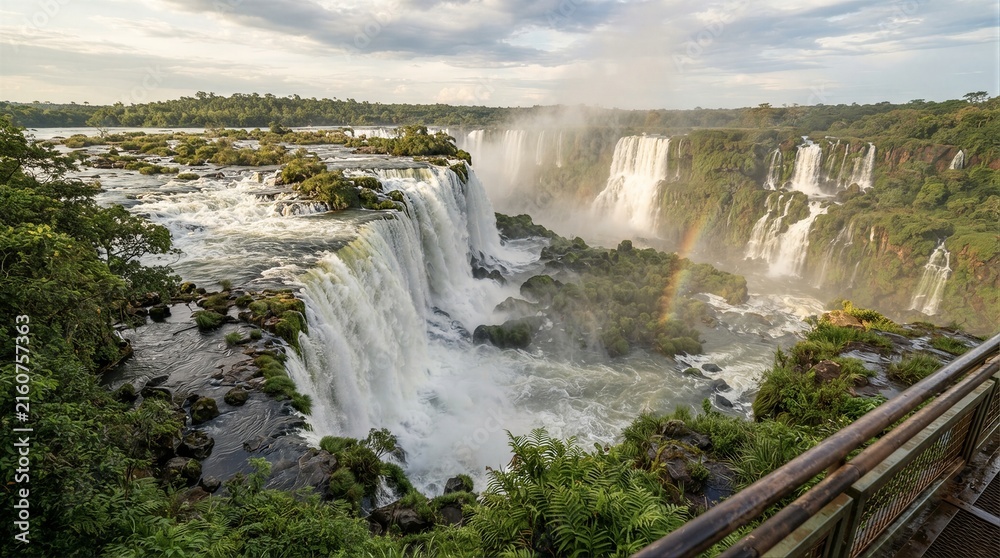 Fototapeta premium Waterfalls cascading with rainbow viewed from metal railing platform