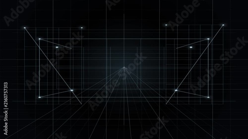 A glowing wireframe 3D box, rendered with perspective, stands against a dark digital grid background, symbolizing technology and architecture.