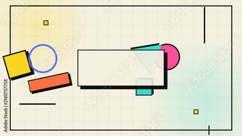 A vibrant Memphis-style background features a central white rectangle, bold geometric shapes, and colorful gradients on a light grid.