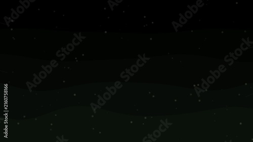 A dark, mysterious background features subtle green undertones, gentle waves, and small, shimmering particles, creating an ethereal ambiance.
