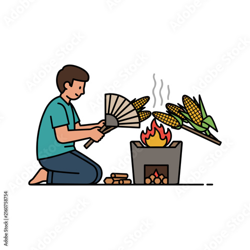 Man Grilling Corn over Open Fire Using Fan