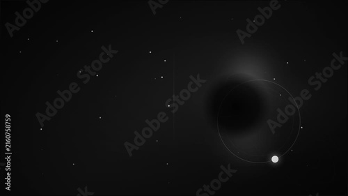 Dark, minimalist cosmic scene featuring a single glowing white sphere on the right with faint orbital lines and scattered tiny white dots, evoking deep space.
