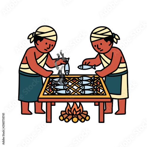 Two People Smoke Fish over an Open Fire Outdoors