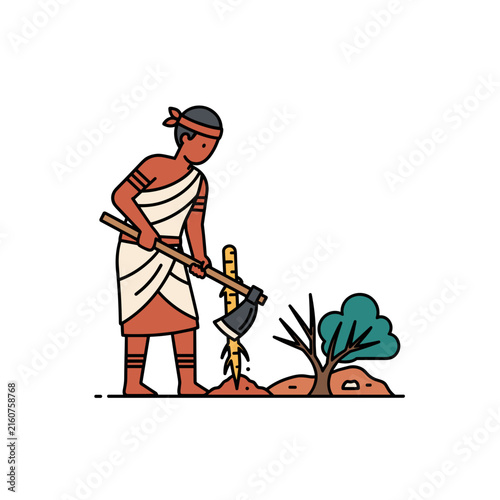 Indigenous Person Digging Medicinal Root with Axe