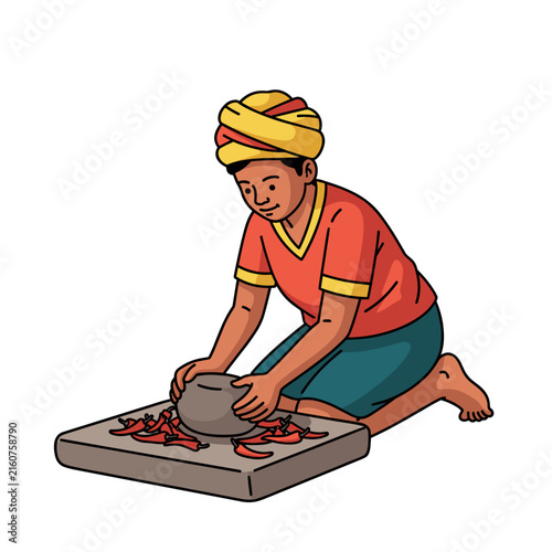 Person Grinding Chili Peppers with a Stone Mortar and Pestle