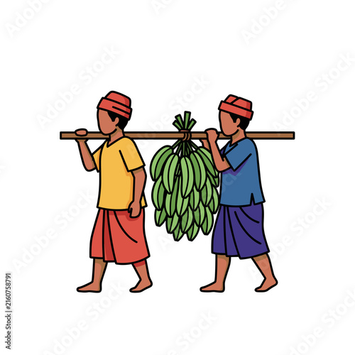Two Men Carrying Plantains on Shoulder Pole
