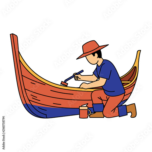Man Painting Traditional Pirogue Boat