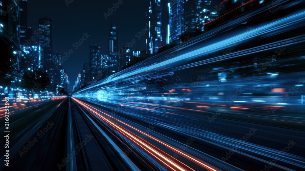Fototapeta premium High speed motion blur of light trails from train and cityscape at night with futuristic technology and urban transportation concept in blue and orange color scheme