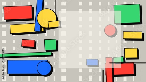 Lively abstract geometric background with primary and secondary colored shapes scattered around a central transparent rectangle, ideal for text or branding.