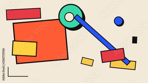 Whimsical abstract geometric composition featuring an assortment of primary colored shapes and lines on a light cream background, offering a playful modern design.