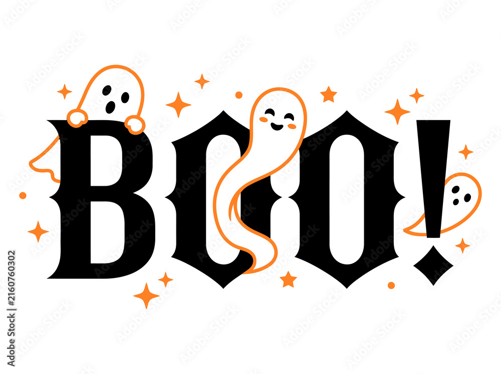 Obraz premium Halloween boo text featuring friendly ghosts and orange stars