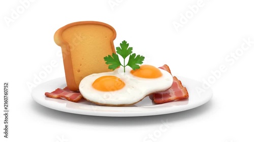 3D Animated Breakfast Plate with Fried Eggs Bacon and Toast