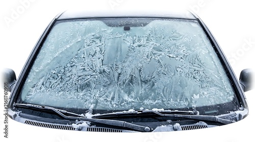 Intricate frost patterns on a car windshield during a cold winter morning
