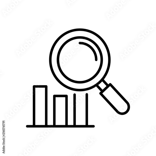 Minimalist black line icon of magnifying glass over bar chart for data analysis
