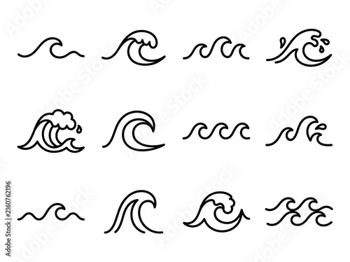 Collection of hand-drawn black and white ocean wave illustrations for design projects.