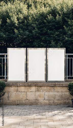Three Blank Vertical Poster Frames Mounted On A Concrete Fence With Green Trees In The Background, Outdoor Triptych Billboard Mockup Template For Advertising And Event Promotion