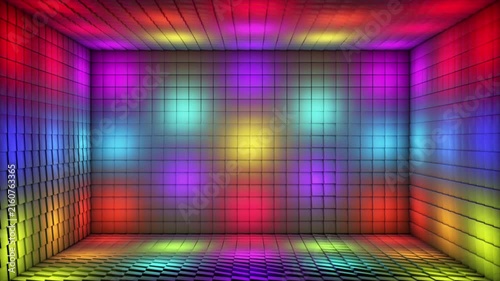 Broadcast Pulsating Switching Hi-Tech Illuminated Cubes Room Stage, Multi Color, Events, 3D, Loopable, 4K