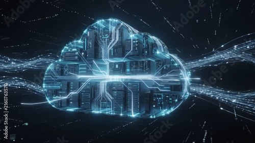 Cloud Computing Digital Abstract: An abstract digital representation of a cloud, intricately designed with glowing circuits and data streams.