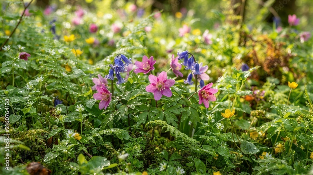 Obraz premium Spring wildflowers and ferns covering forest floor after rain