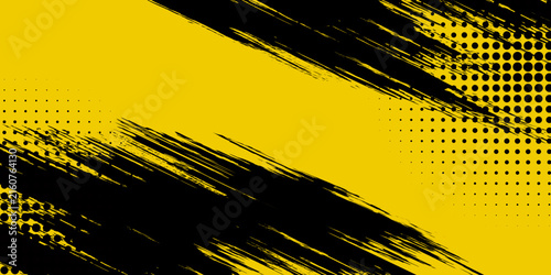 Abstract Sport Background Vector with Dynamic Black Brush Stroke Texture on Bright Yellow. Modern Halftone Dot Grunge Pattern with Copy Space for Athletic Fitness Poster, Gaming Esports Banner, Champi