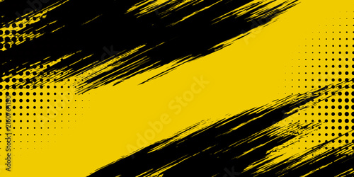 Abstract Sport Background Vector with Dynamic Black Brush Stroke Texture on Bright Yellow. Modern Halftone Dot Grunge Pattern with Copy Space for Athletic Fitness Poster, Gaming Esports Banner, Champi