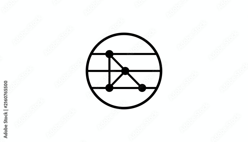 Obraz premium Minimalist network circuit icon showing connected nodes inside circular frame, modern technology and connectivity line art design.