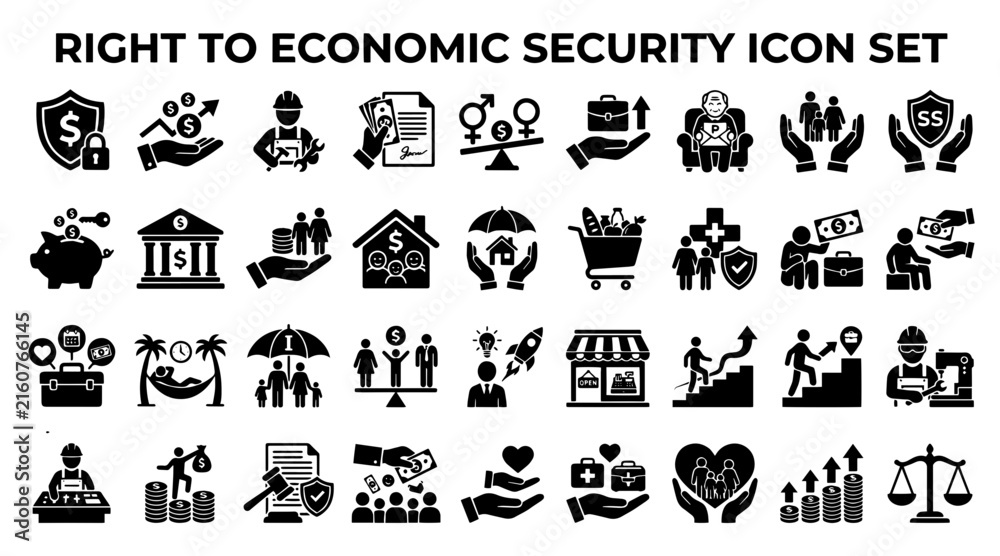 Fototapeta premium Economic security and social welfare icon set. Financial protection and employment symbols.