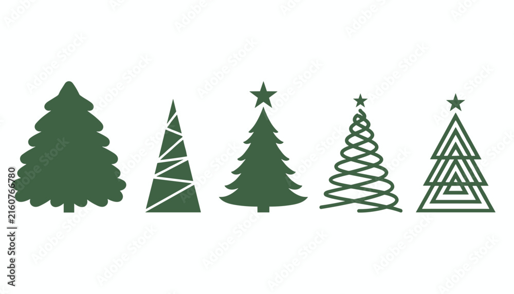 Obraz premium Five stylized green Christmas trees showing different modern design styles from classic pine to geometric triangles.
