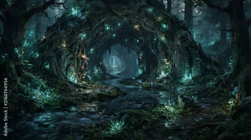 Obraz premium Moss covered archway forming tunnel in dark forest