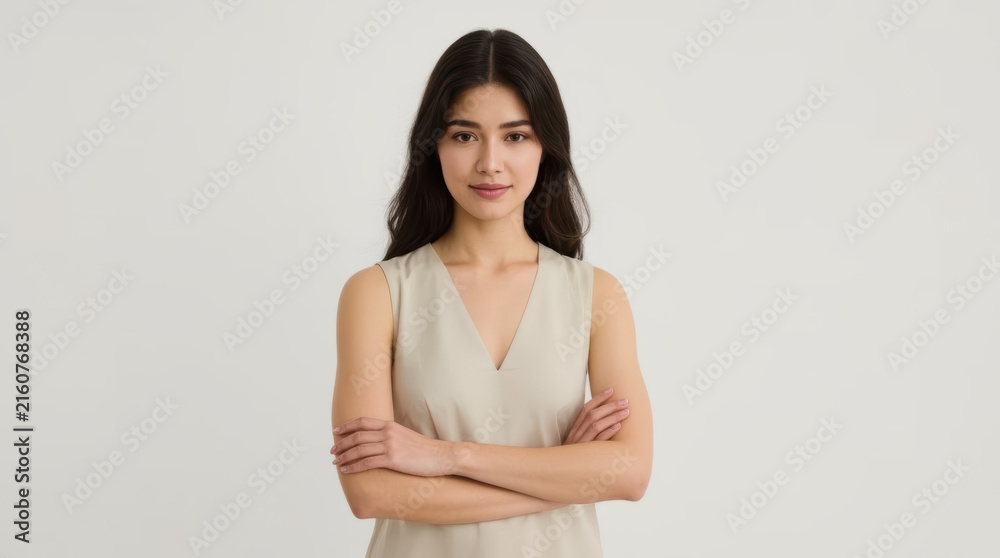 Obraz premium Asian woman crossed arms neutral background portrait