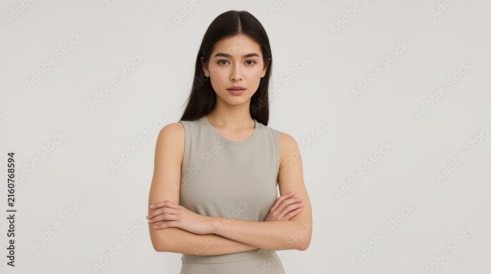 Obraz premium Asian woman standing with crossed arms in sleeveless shirt