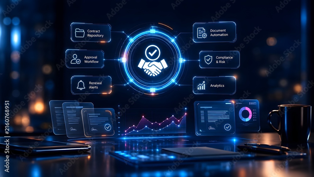Naklejka premium Advanced glowing blue contract management dashboard hologram with digital documents and data analytics charts on dark office desk