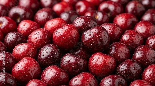 Fresh ripe dark red sweet cherries with water drops texture background