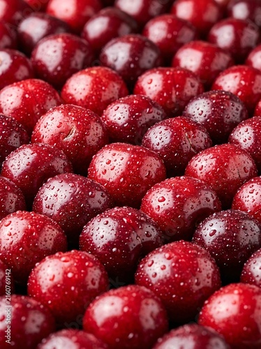 A close-up, full-frame, abstract shot of fresh, ripe, red cherries glistening with water droplets