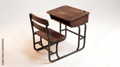 Vintage wooden school desk and chair isolated on white background for educational concepts
