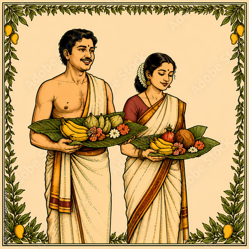 Indian Couple Holding Traditional Puja Offering on a giant leaf with Fruits and Flowers Illustration