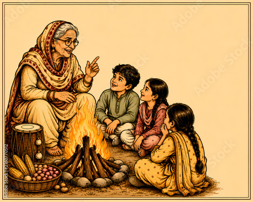 Indian Grandmother Telling Stories to Children Around Bonfire Traditional Family Illustration