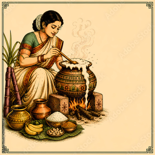 Indian Woman Cooking Traditional Pongal Rice in Clay Pot Over Fire Illustration