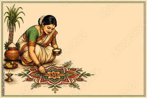 Indian Woman Creating Colorful Rangoli with Diya Traditional Festival Illustration