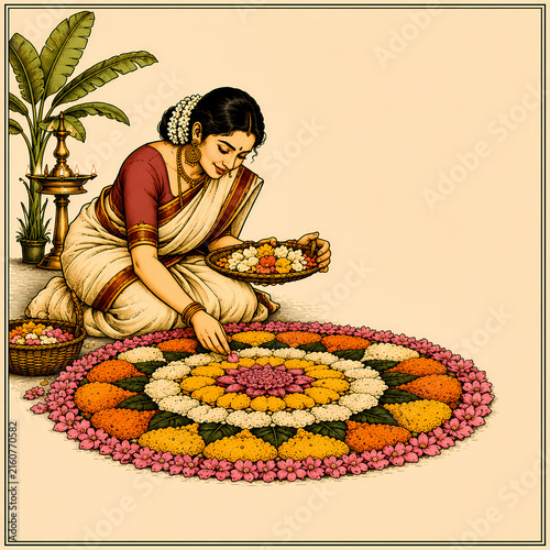 Indian Woman Creating Colorful Pookalam Floral Rangoli for Onam Festival Illustration