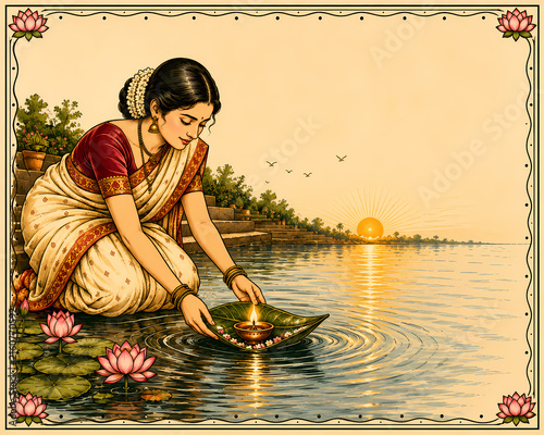 Indian Woman Floating Diya Lamp on Leave at Sunrise River Illustration