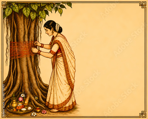 Indian Woman Performing Vat Savitri Puja Under Sacred Banyan Tree Illustration