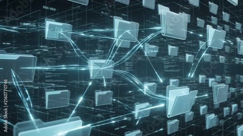 Digital Data Network: An abstract visualization of a digital network, showcasing interconnected folders and flowing data streams, representing the vastness and complexity of information systems.